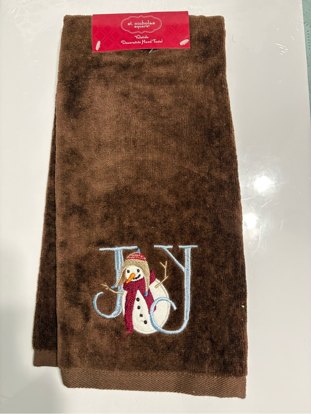 St. Nicholas Square Yuletide Hand Towel Christmas Snowman Brown Embroidered Joy